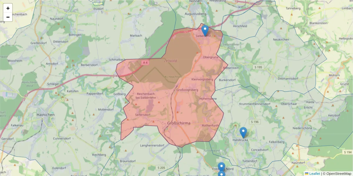 Karte des Postleitzahlen Bereichs  und der umliegenden Postleitzahlen in Deutschland