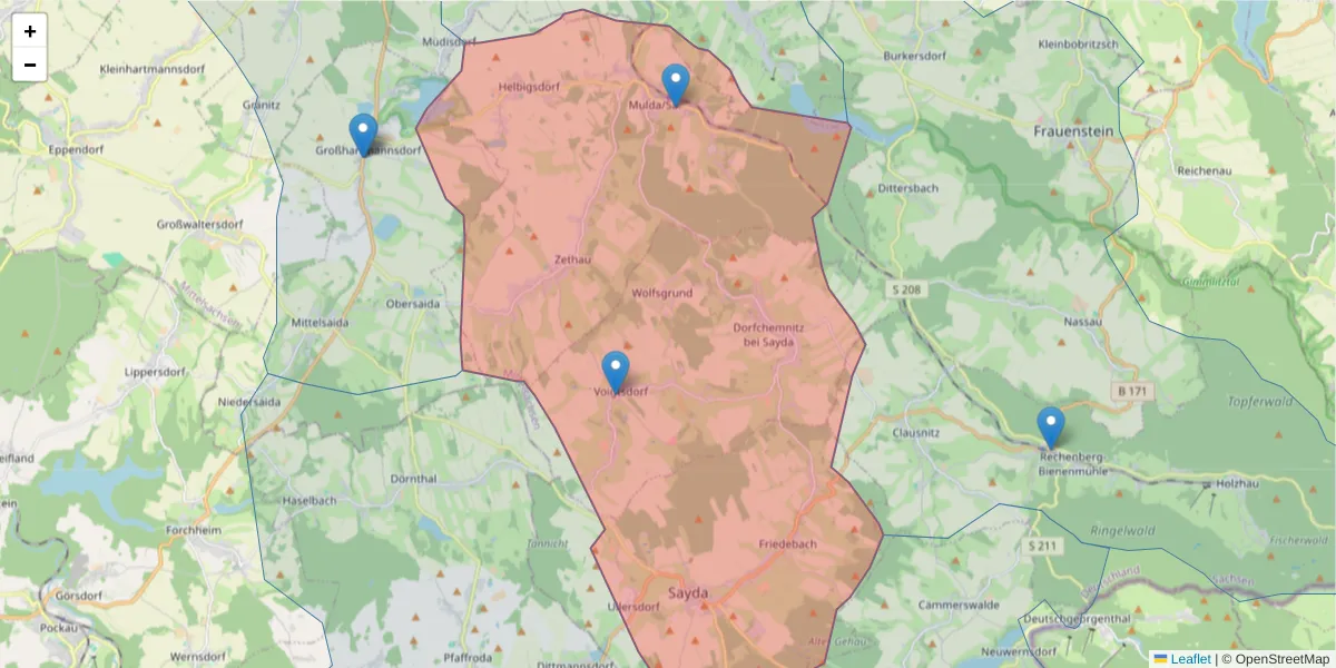Karte des Postleitzahlen Bereichs  und der umliegenden Postleitzahlen in Deutschland