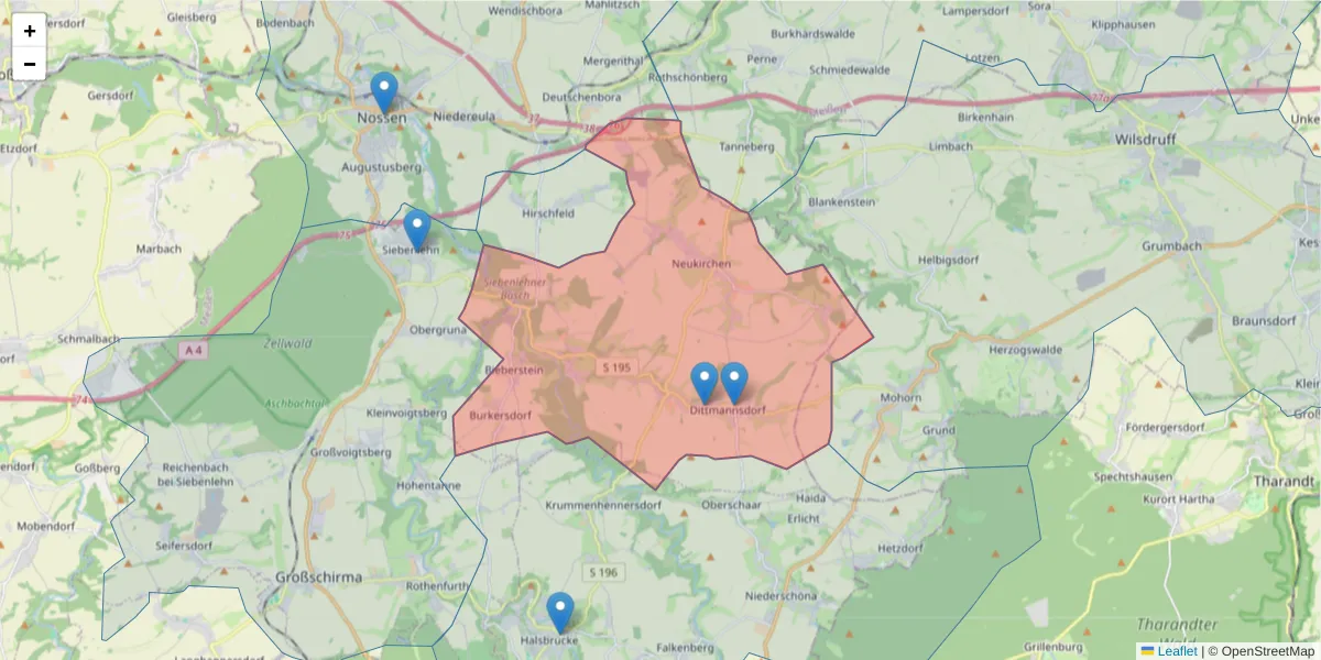 Karte des Postleitzahlen Bereichs  und der umliegenden Postleitzahlen in Deutschland