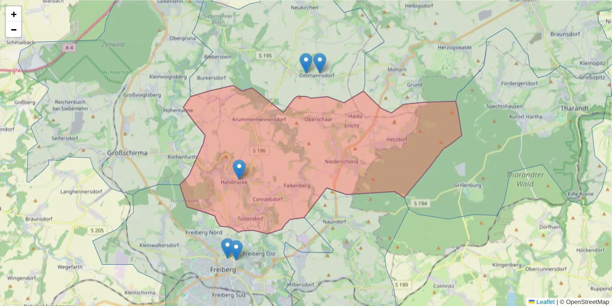 Karte des Postleitzahlen Bereichs  und der umliegenden Postleitzahlen in Deutschland