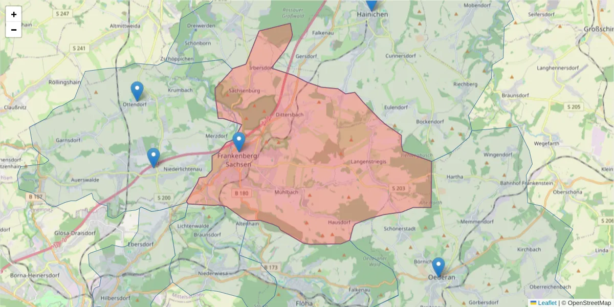 Karte des Postleitzahlen Bereichs  und der umliegenden Postleitzahlen in Deutschland