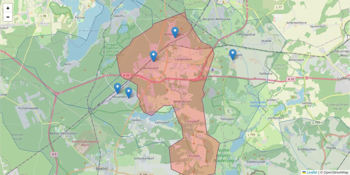 Karte des Postleitzahlen Bereichs  und der umliegenden Postleitzahlen in Deutschland
