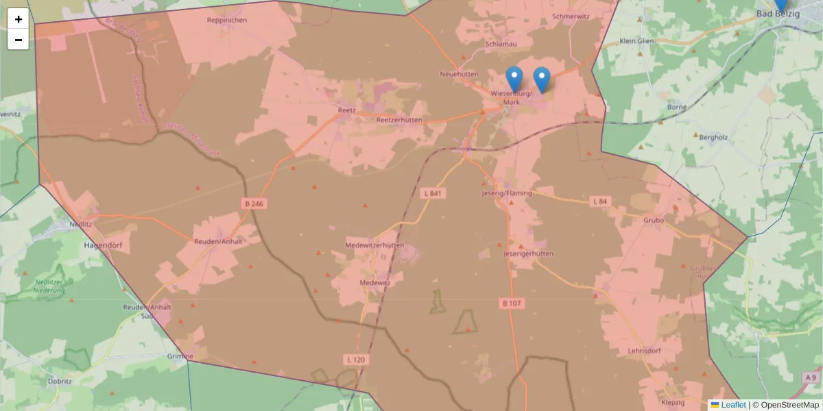 Karte des Postleitzahlen Bereichs  und der umliegenden Postleitzahlen in Deutschland