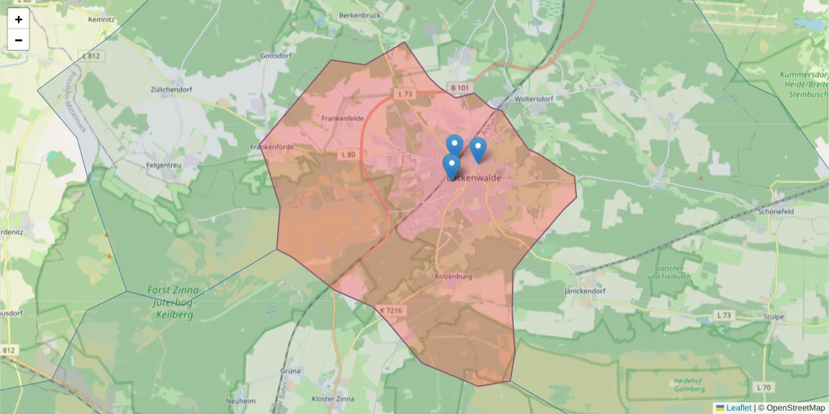 Karte des Postleitzahlen Bereichs  und der umliegenden Postleitzahlen in Deutschland