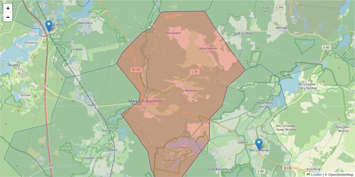 Karte des Postleitzahlen Bereichs  und der umliegenden Postleitzahlen in Deutschland