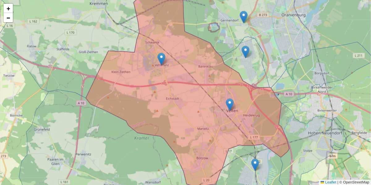 Karte des Postleitzahlen Bereichs  und der umliegenden Postleitzahlen in Deutschland