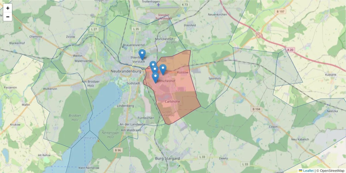 Karte des Postleitzahlen Bereichs  und der umliegenden Postleitzahlen in Deutschland