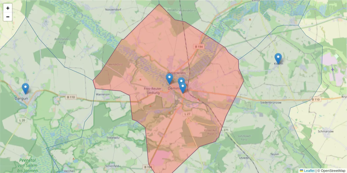 Karte des Postleitzahlen Bereichs  und der umliegenden Postleitzahlen in Deutschland