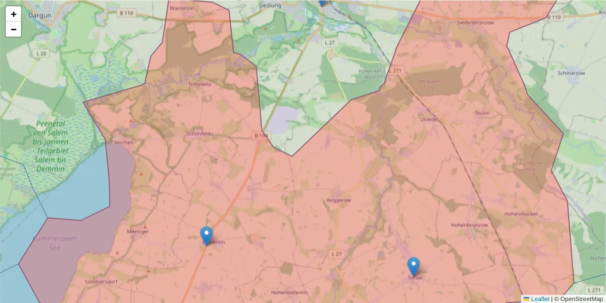 Karte des Postleitzahlen Bereichs  und der umliegenden Postleitzahlen in Deutschland