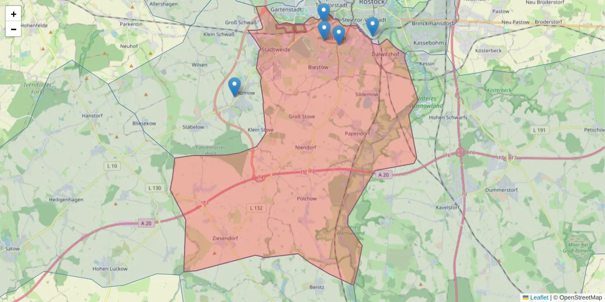 Karte des Postleitzahlen Bereichs  und der umliegenden Postleitzahlen in Deutschland