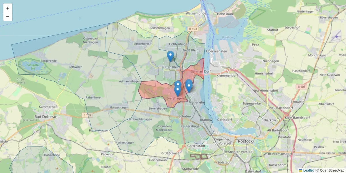 Karte des Postleitzahlen Bereichs  und der umliegenden Postleitzahlen in Deutschland