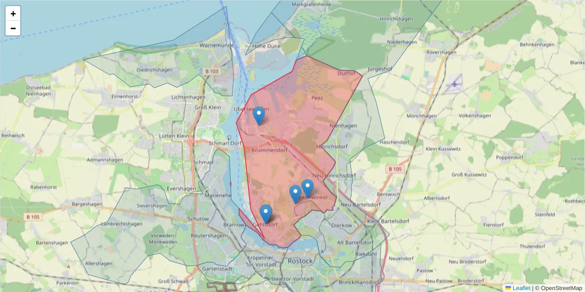 Karte des Postleitzahlen Bereichs  und der umliegenden Postleitzahlen in Deutschland