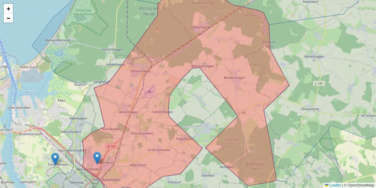 Karte des Postleitzahlen Bereichs  und der umliegenden Postleitzahlen in Deutschland