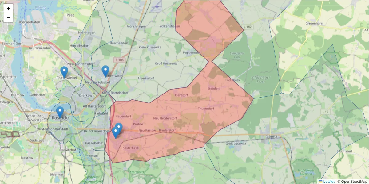 Karte des Postleitzahlen Bereichs  und der umliegenden Postleitzahlen in Deutschland