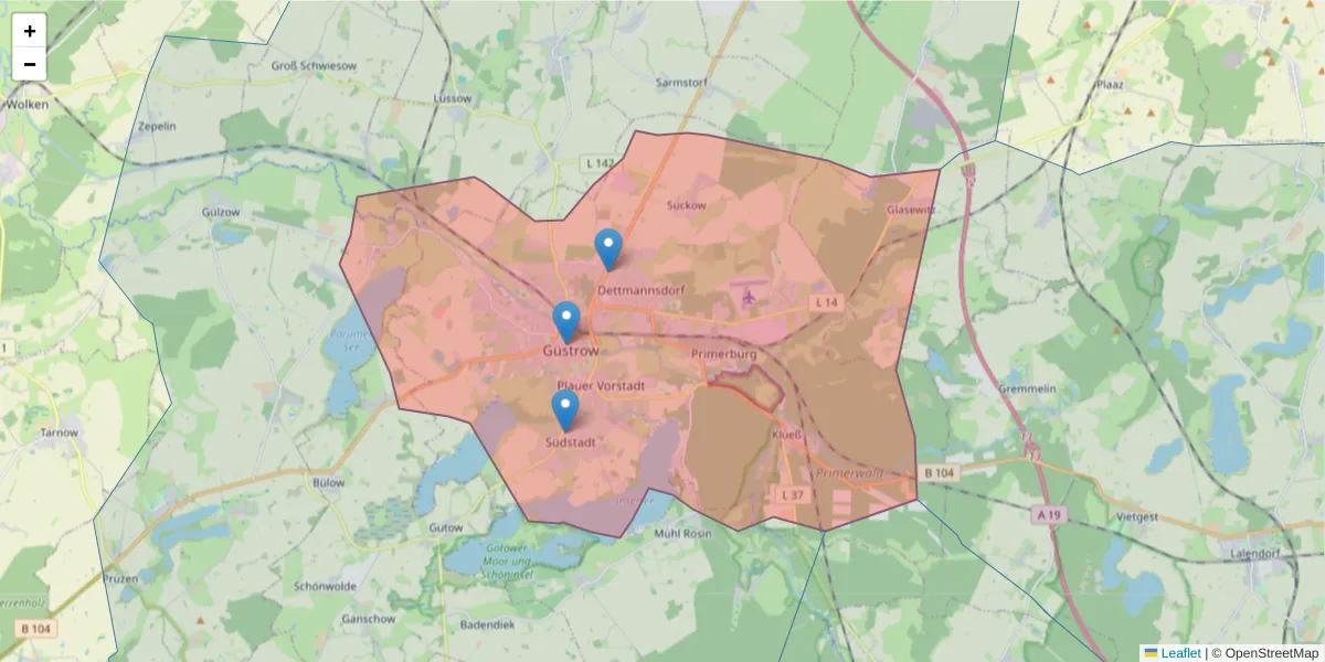 Karte des Postleitzahlen Bereichs  und der umliegenden Postleitzahlen in Deutschland