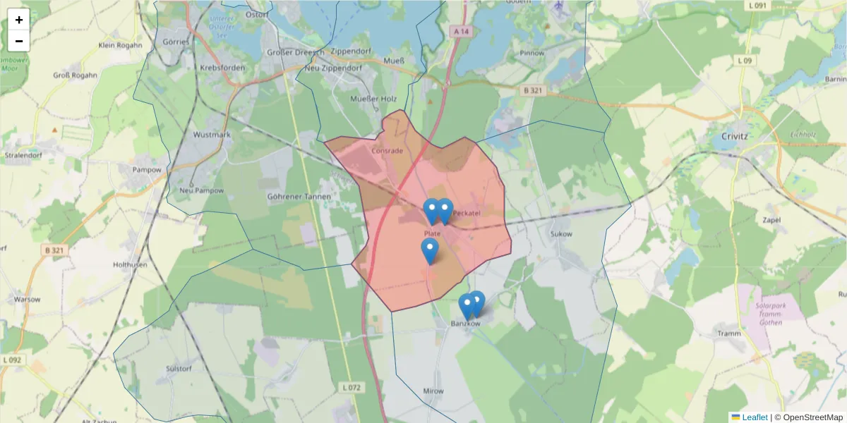 Karte des Postleitzahlen Bereichs  und der umliegenden Postleitzahlen in Deutschland