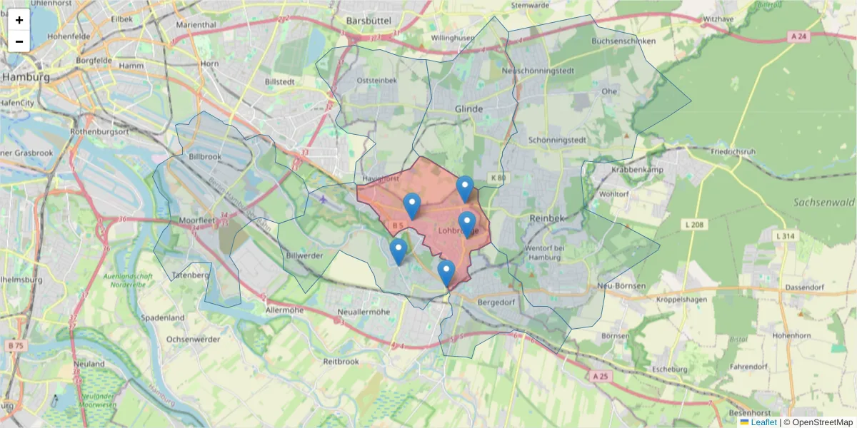 Karte des Postleitzahlen Bereichs  und der umliegenden Postleitzahlen in Deutschland