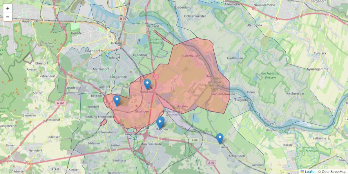 Karte des Postleitzahlen Bereichs  und der umliegenden Postleitzahlen in Deutschland