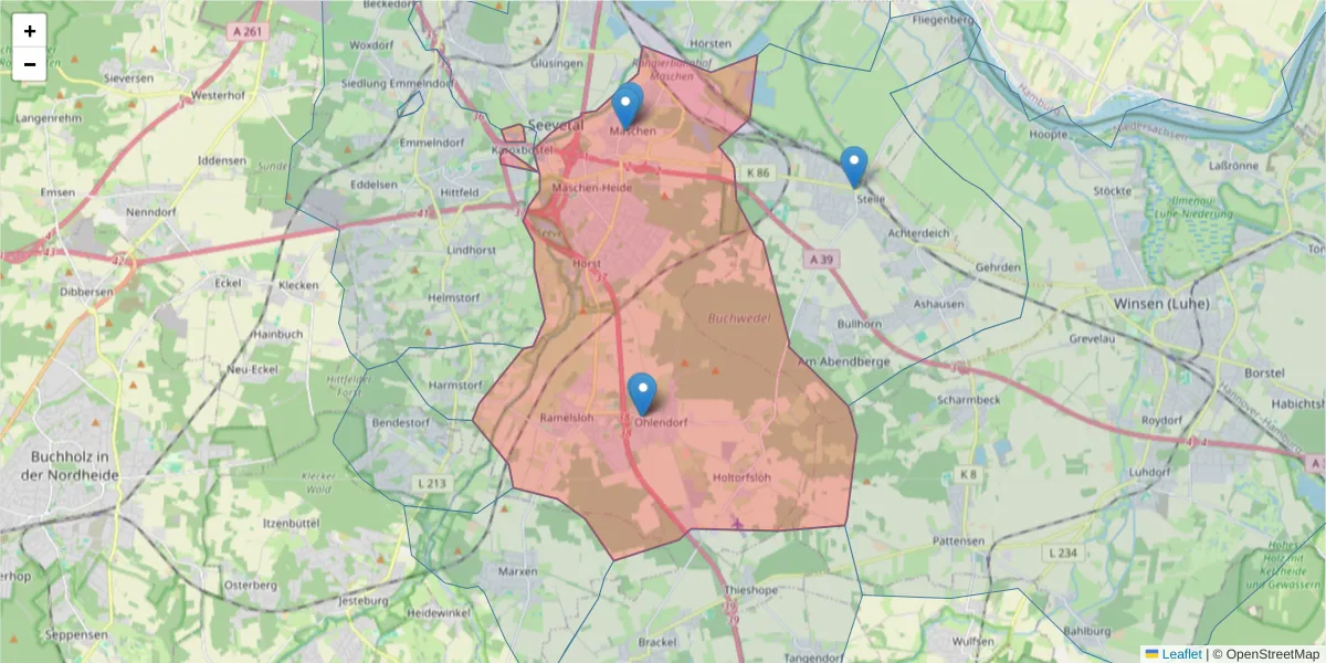 Karte des Postleitzahlen Bereichs  und der umliegenden Postleitzahlen in Deutschland