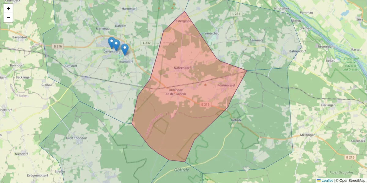 Karte des Postleitzahlen Bereichs  und der umliegenden Postleitzahlen in Deutschland