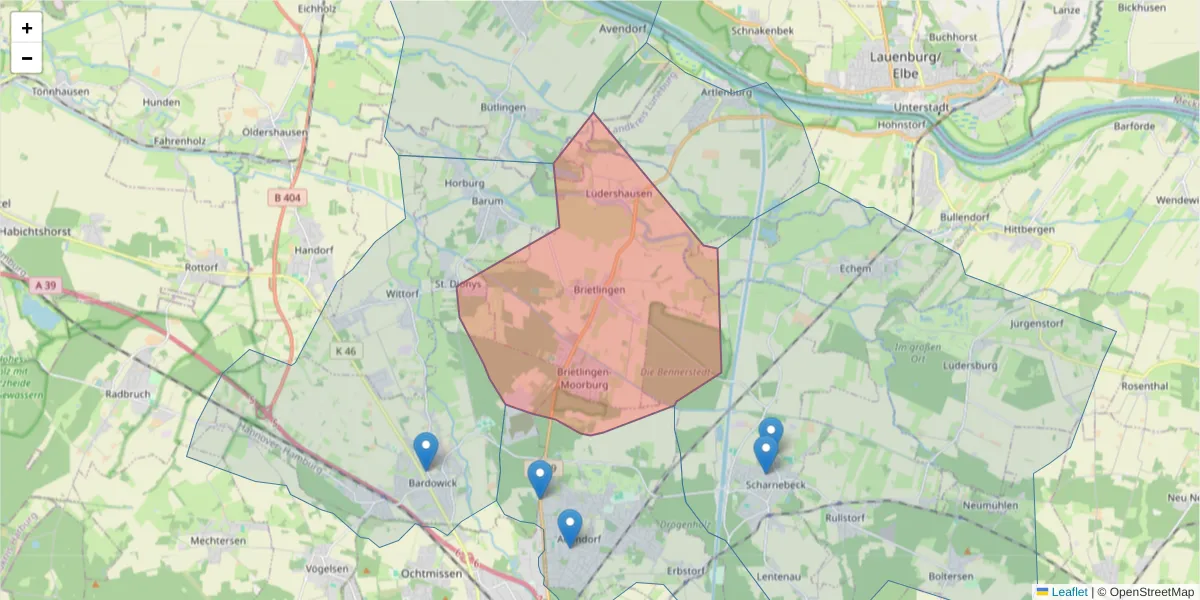 Karte des Postleitzahlen Bereichs  und der umliegenden Postleitzahlen in Deutschland
