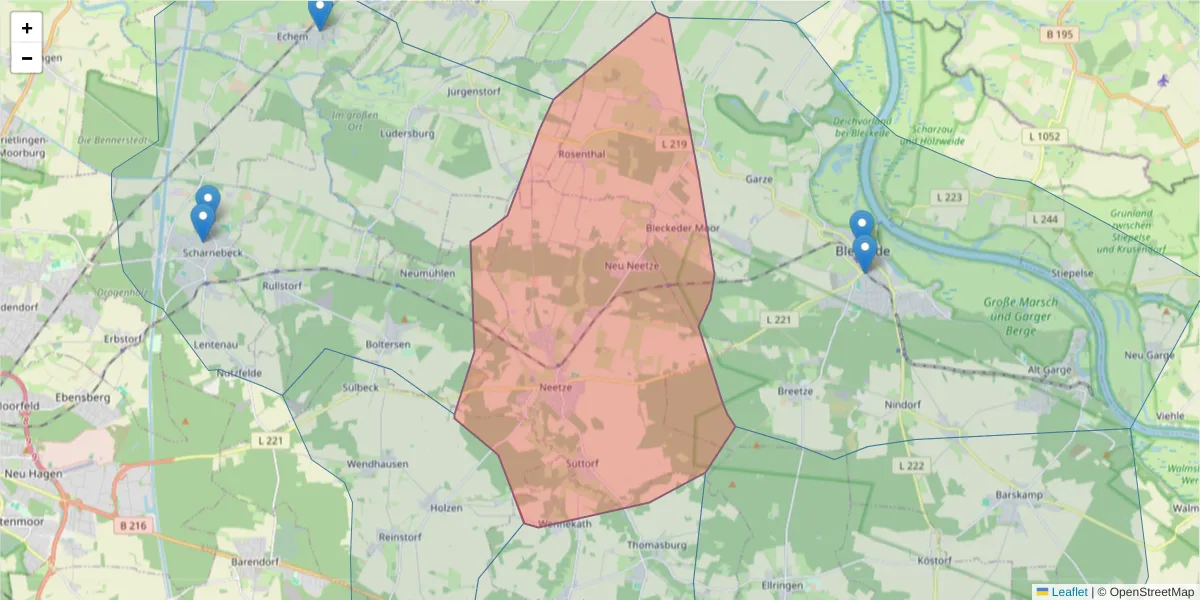 Karte des Postleitzahlen Bereichs  und der umliegenden Postleitzahlen in Deutschland