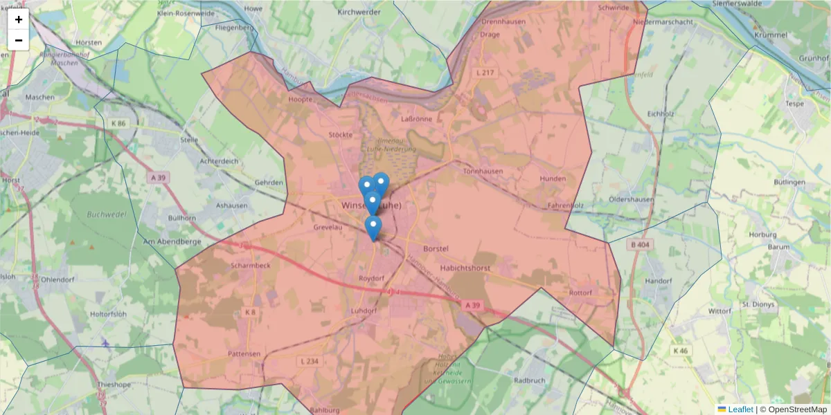 Karte des Postleitzahlen Bereichs  und der umliegenden Postleitzahlen in Deutschland