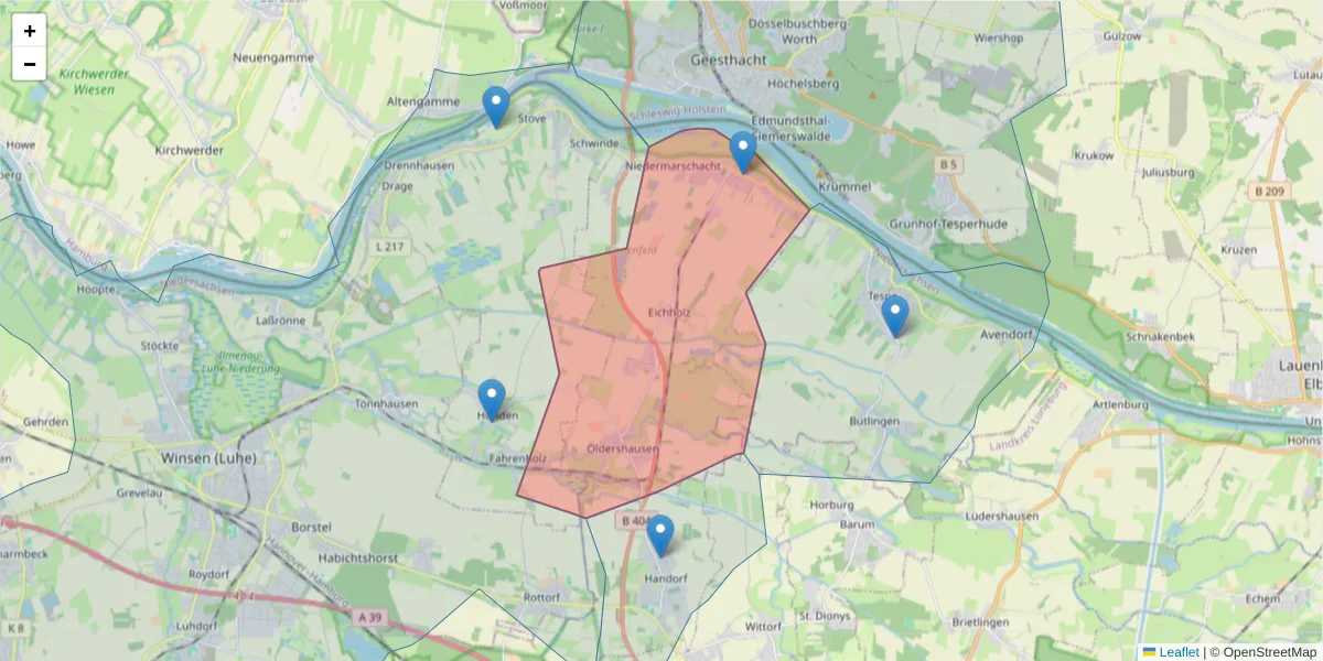 Karte des Postleitzahlen Bereichs  und der umliegenden Postleitzahlen in Deutschland