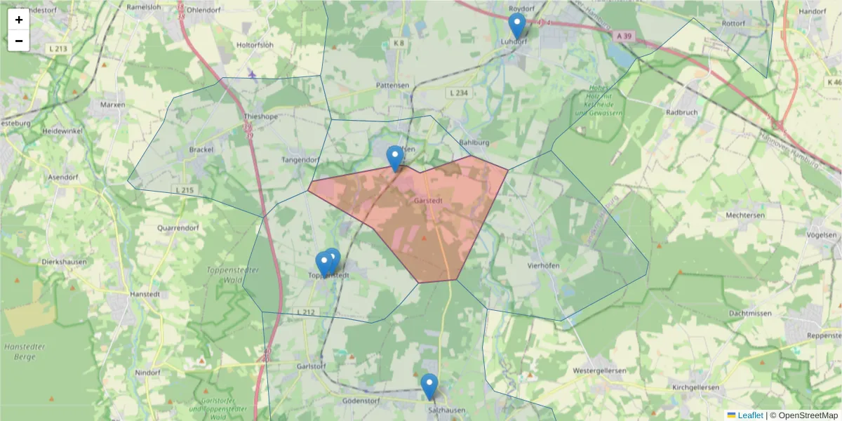 Karte des Postleitzahlen Bereichs  und der umliegenden Postleitzahlen in Deutschland