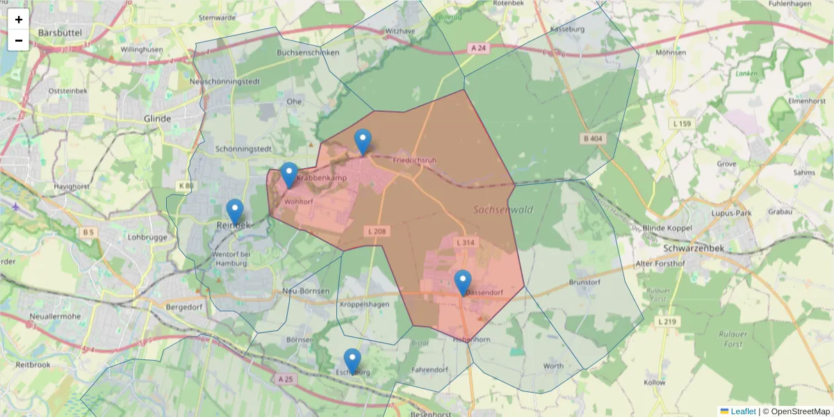 Karte des Postleitzahlen Bereichs  und der umliegenden Postleitzahlen in Deutschland