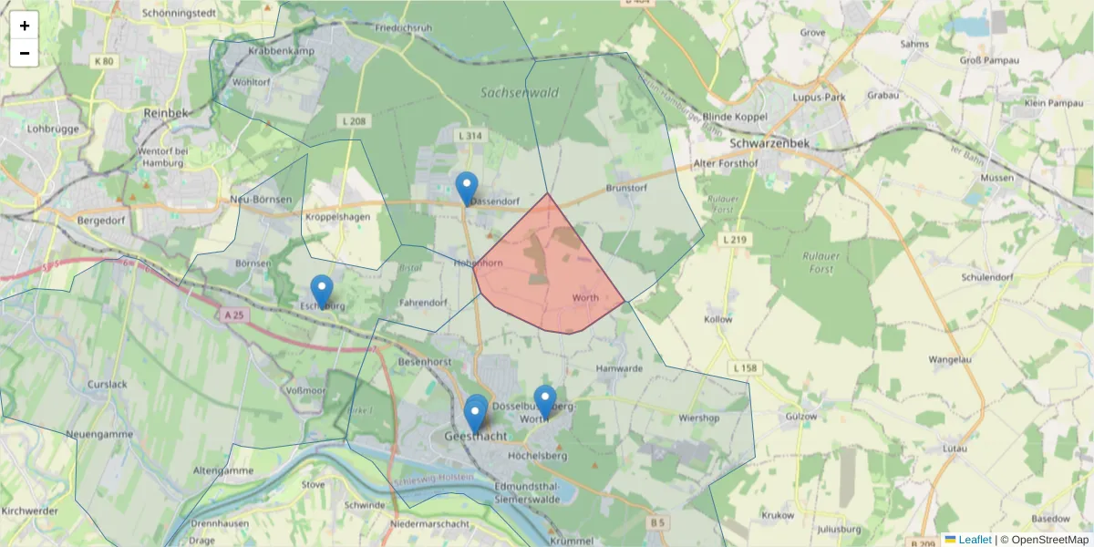 Karte des Postleitzahlen Bereichs  und der umliegenden Postleitzahlen in Deutschland