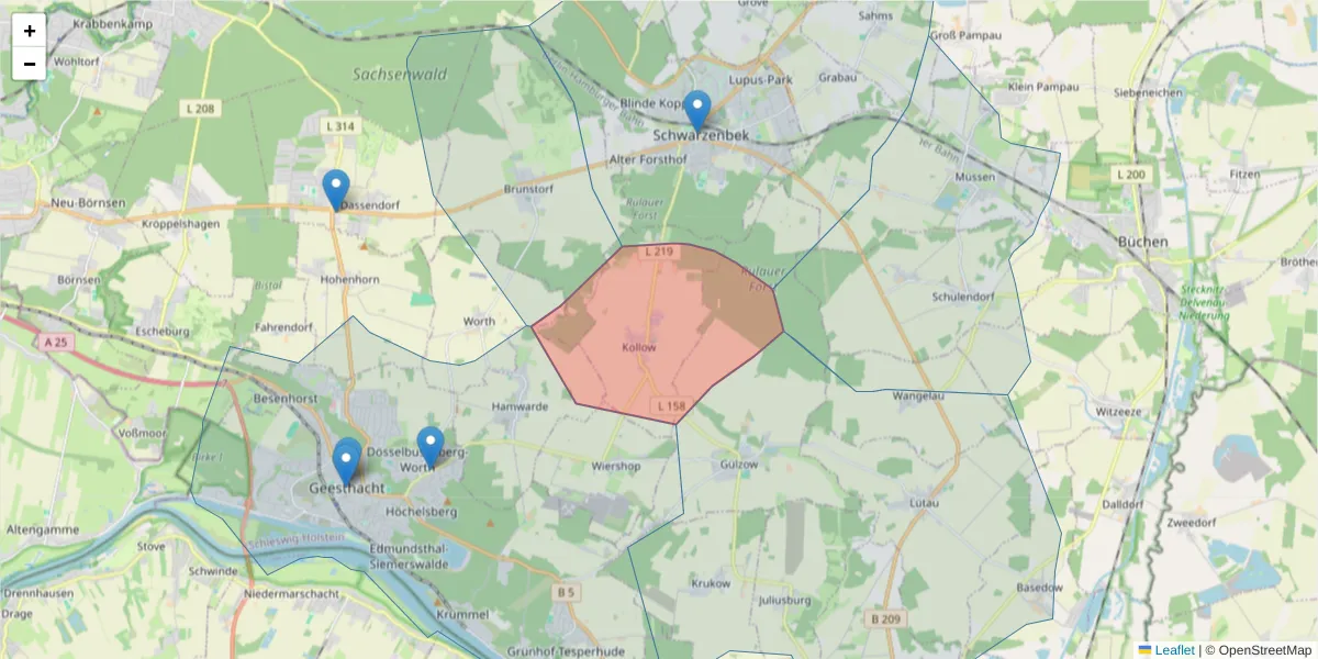 Karte des Postleitzahlen Bereichs  und der umliegenden Postleitzahlen in Deutschland