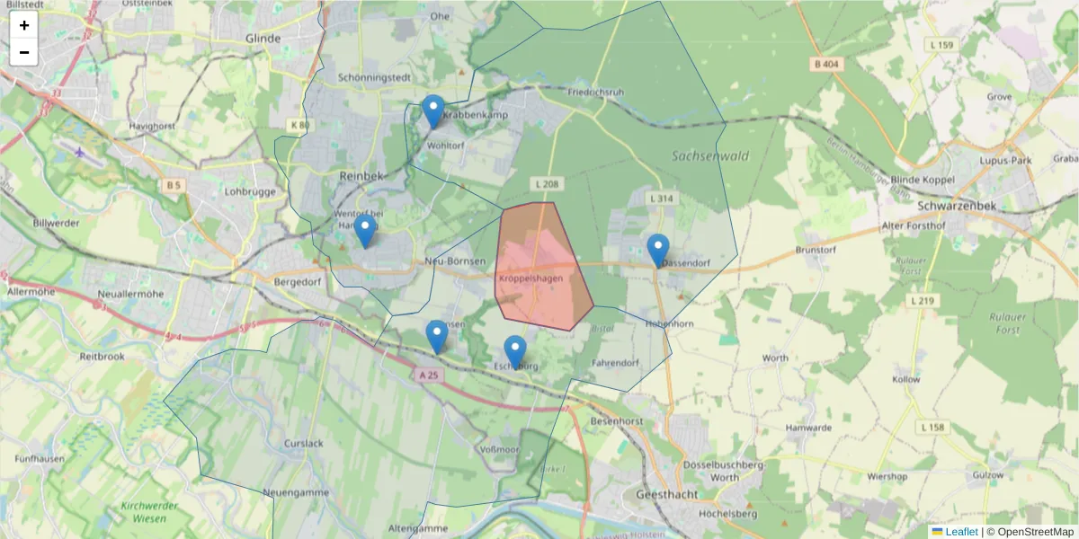 Karte des Postleitzahlen Bereichs  und der umliegenden Postleitzahlen in Deutschland