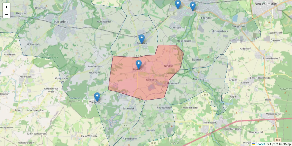 Karte des Postleitzahlen Bereichs  und der umliegenden Postleitzahlen in Deutschland