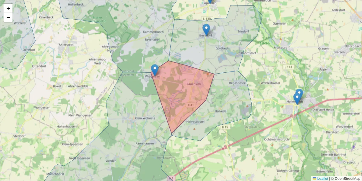 Karte des Postleitzahlen Bereichs  und der umliegenden Postleitzahlen in Deutschland