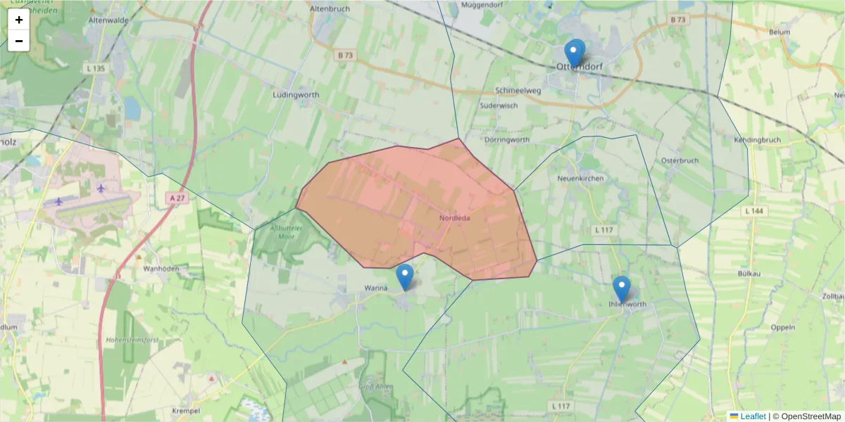 Karte des Postleitzahlen Bereichs  und der umliegenden Postleitzahlen in Deutschland