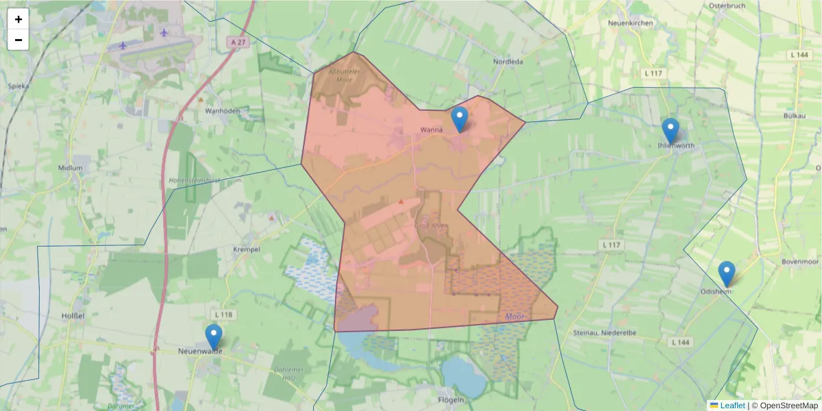 Karte des Postleitzahlen Bereichs  und der umliegenden Postleitzahlen in Deutschland
