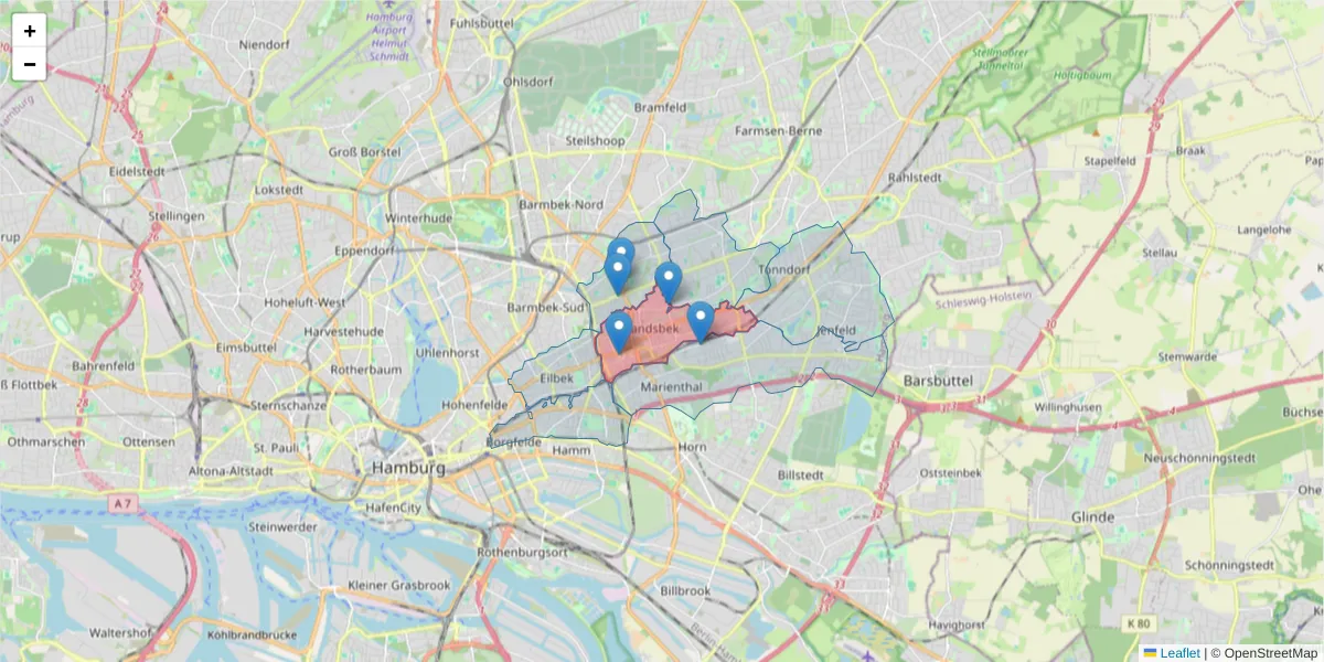 Karte des Postleitzahlen Bereichs  und der umliegenden Postleitzahlen in Deutschland