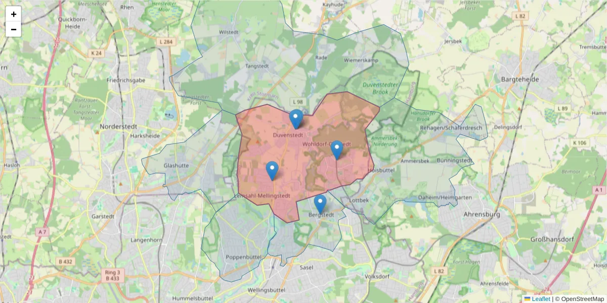 Karte des Postleitzahlen Bereichs  und der umliegenden Postleitzahlen in Deutschland