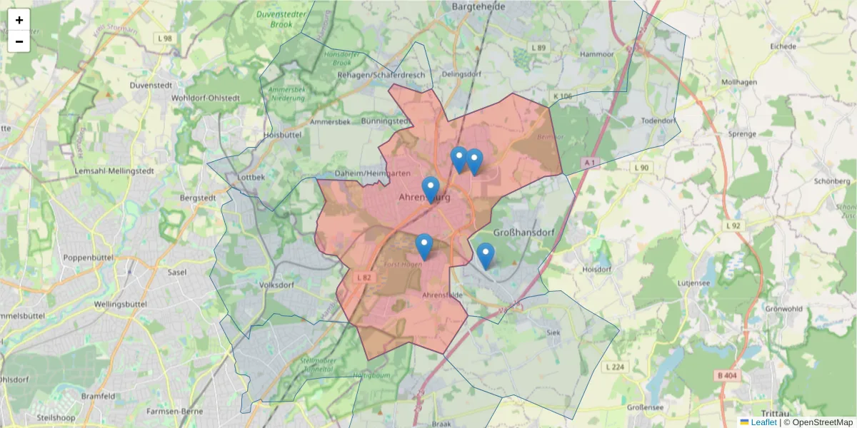 Karte des Postleitzahlen Bereichs  und der umliegenden Postleitzahlen in Deutschland