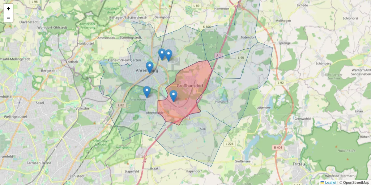 Karte des Postleitzahlen Bereichs  und der umliegenden Postleitzahlen in Deutschland