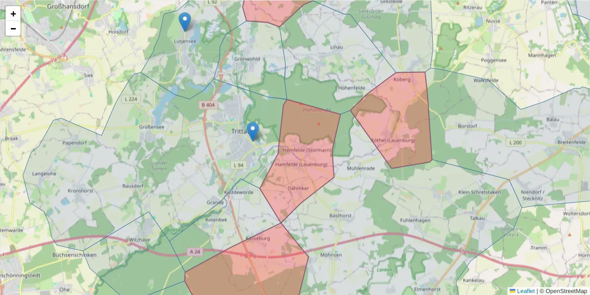 Karte des Postleitzahlen Bereichs  und der umliegenden Postleitzahlen in Deutschland