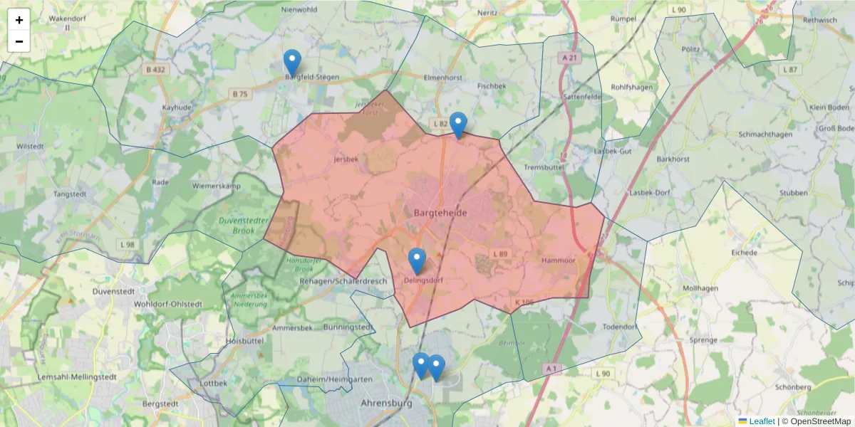 Karte des Postleitzahlen Bereichs  und der umliegenden Postleitzahlen in Deutschland