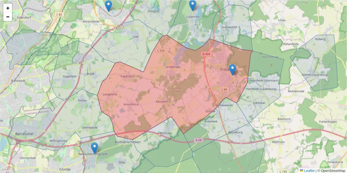 Karte des Postleitzahlen Bereichs  und der umliegenden Postleitzahlen in Deutschland