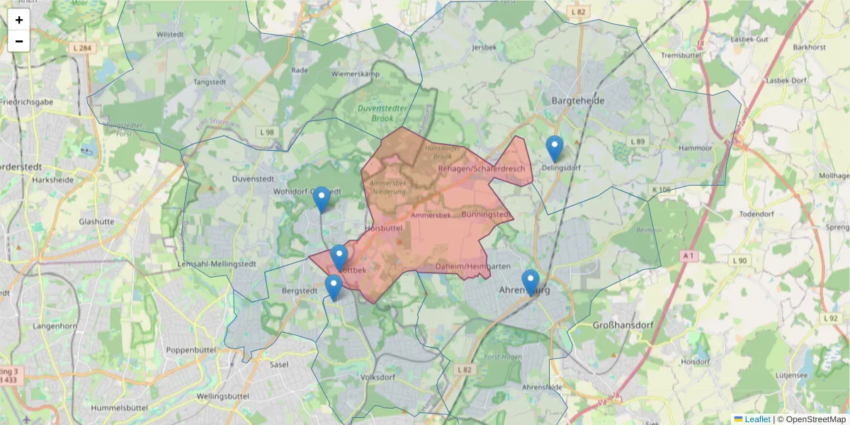 Karte des Postleitzahlen Bereichs  und der umliegenden Postleitzahlen in Deutschland