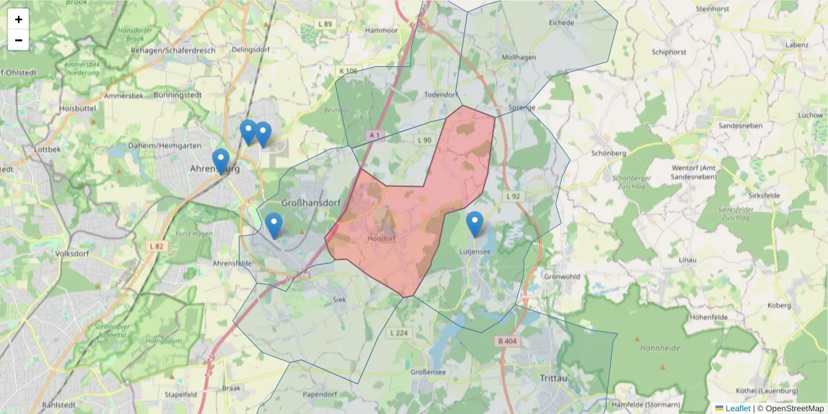 Karte des Postleitzahlen Bereichs  und der umliegenden Postleitzahlen in Deutschland