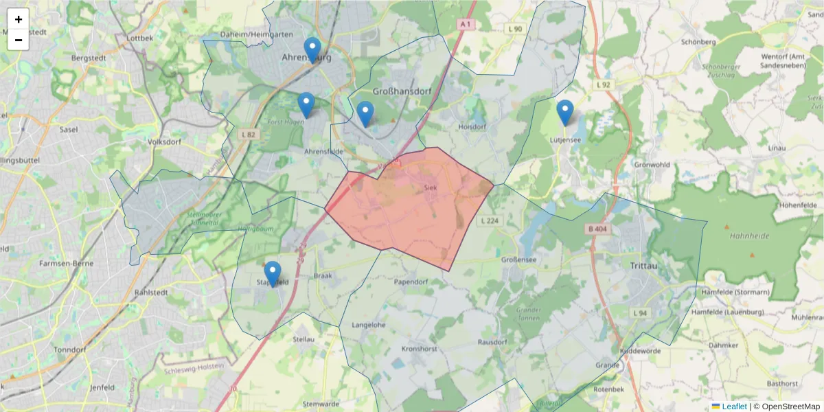 Karte des Postleitzahlen Bereichs  und der umliegenden Postleitzahlen in Deutschland