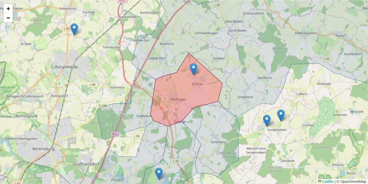 Karte des Postleitzahlen Bereichs  und der umliegenden Postleitzahlen in Deutschland