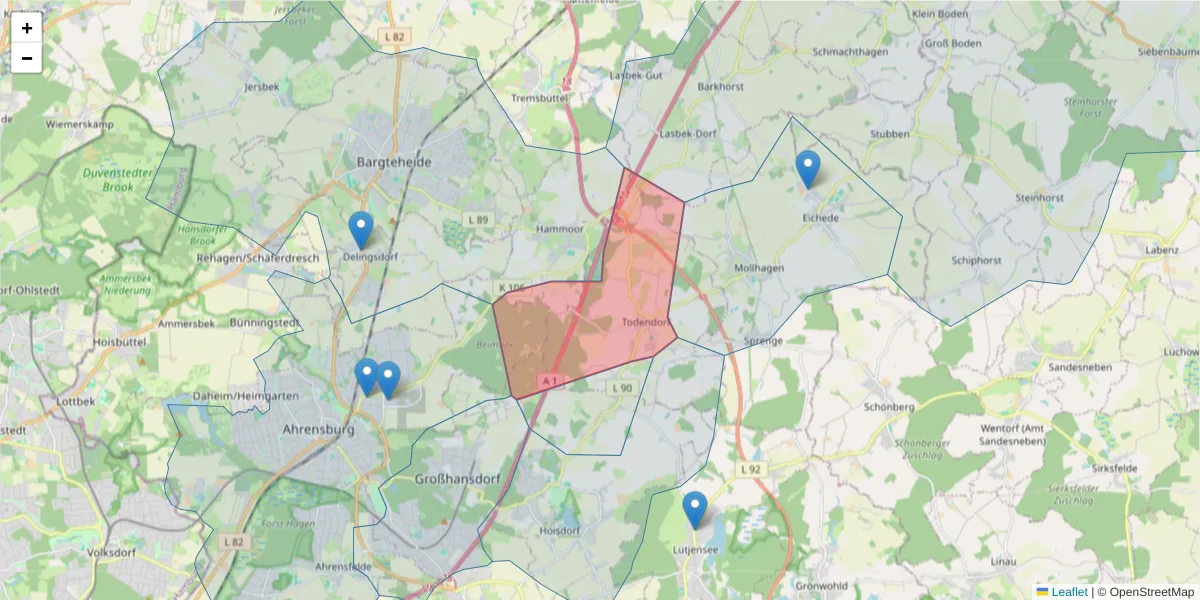 Karte des Postleitzahlen Bereichs  und der umliegenden Postleitzahlen in Deutschland