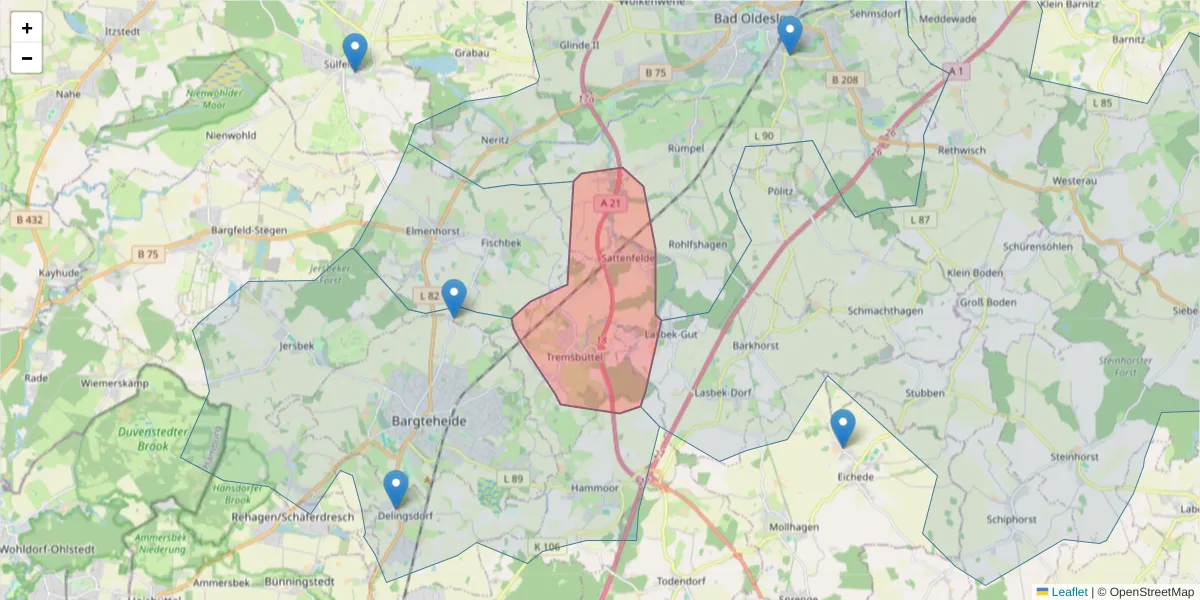 Karte des Postleitzahlen Bereichs  und der umliegenden Postleitzahlen in Deutschland